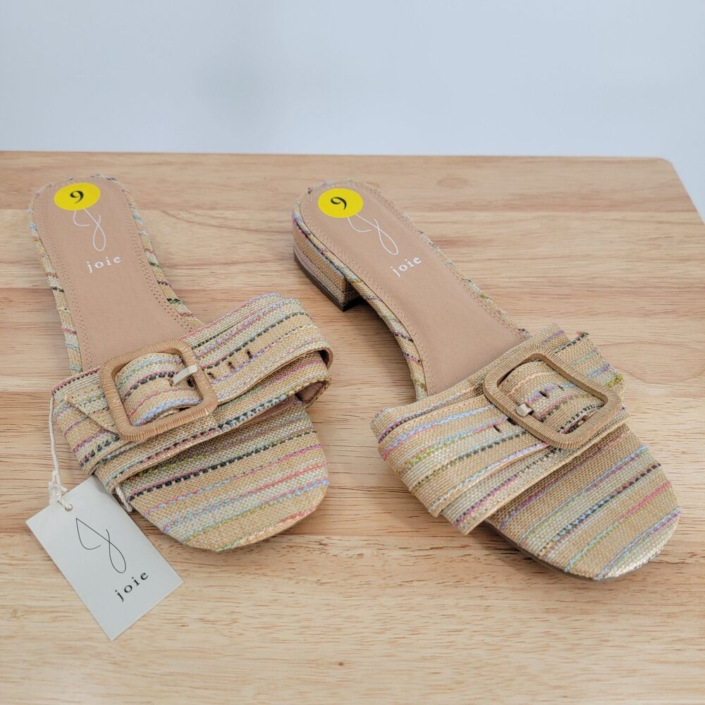 Joie Claire Womens 9M Woven Beige Slide Sandals Buckle Block Heel Square Toe NWT